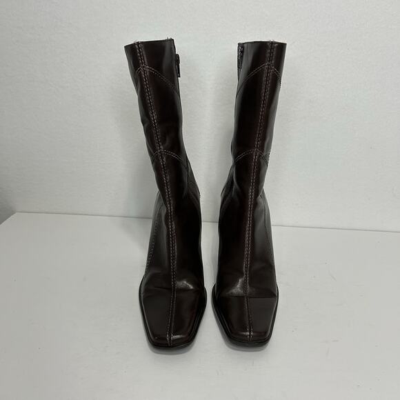 Diba Womens Brown Leather Square Toe Side Zipper Mid-Calf Heeled Boots 8 90s - Picture 2 of 10